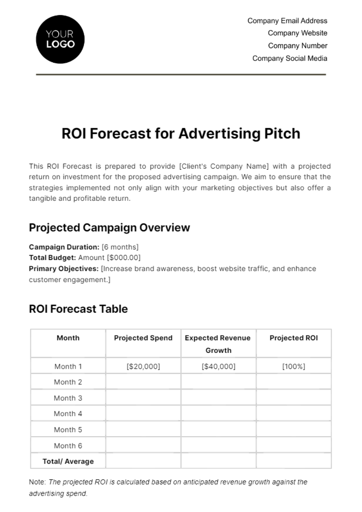 Free ROI Forecast for Advertising Pitch Template