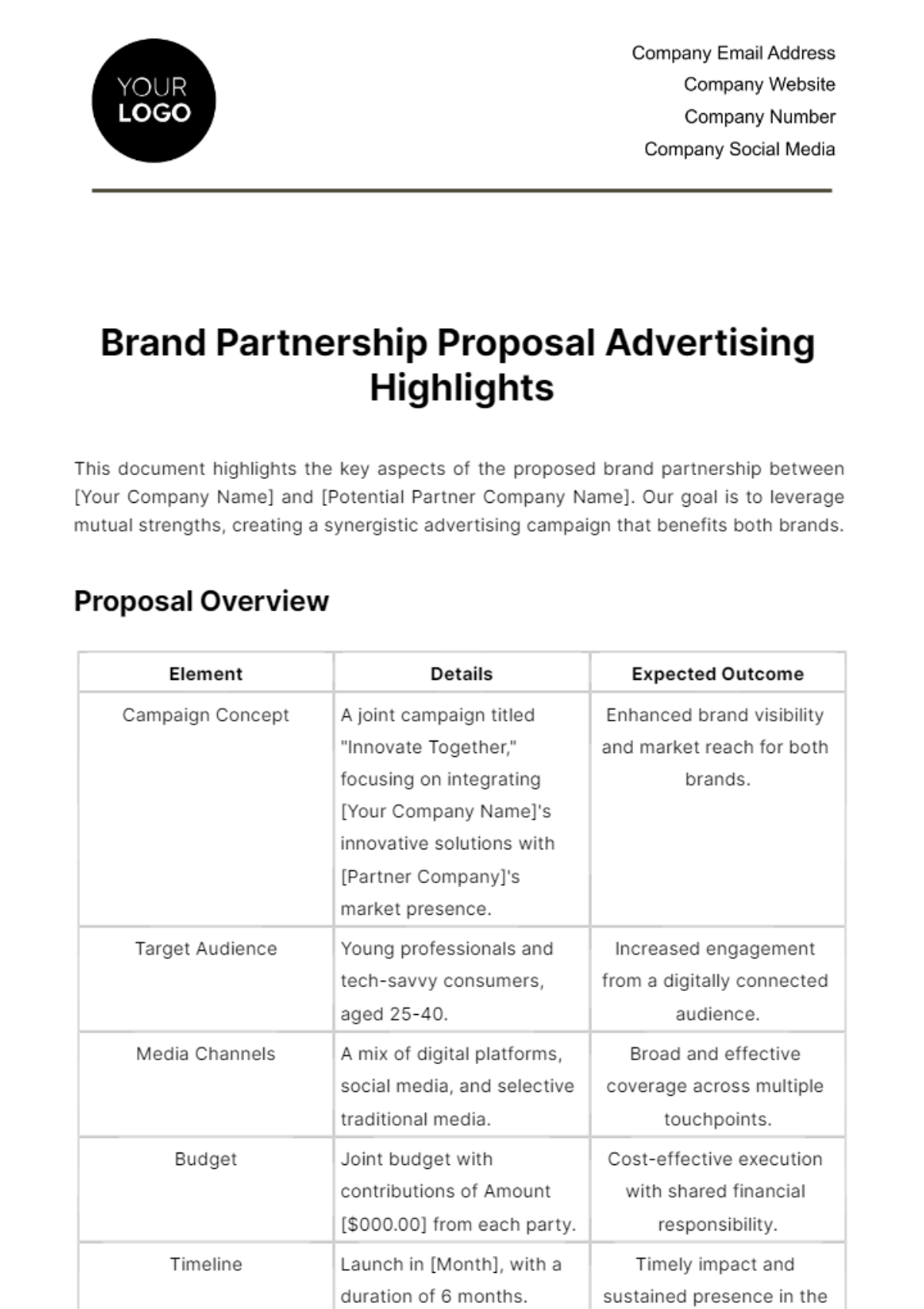 Free Brand Partnership Proposal Advertising Highlights Template