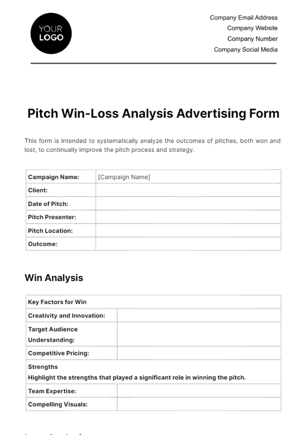 Free Pitch Win-Loss Analysis Advertising Form Template
