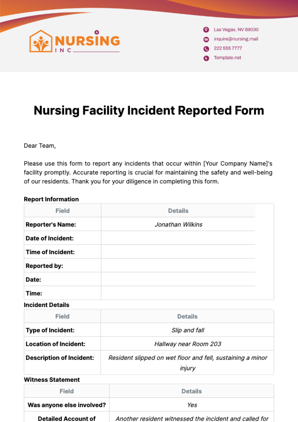 Nursing Facility Incident Reported Form Template
