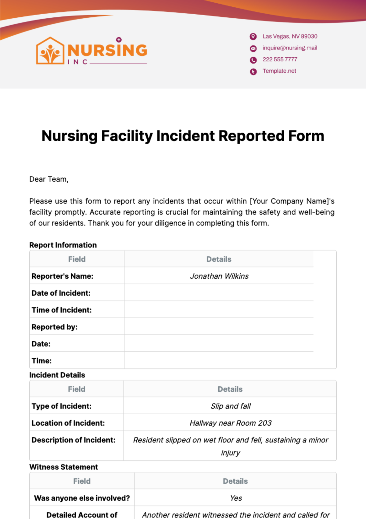 Nursing Facility Incident Reported Form Template - Edit Online & Download