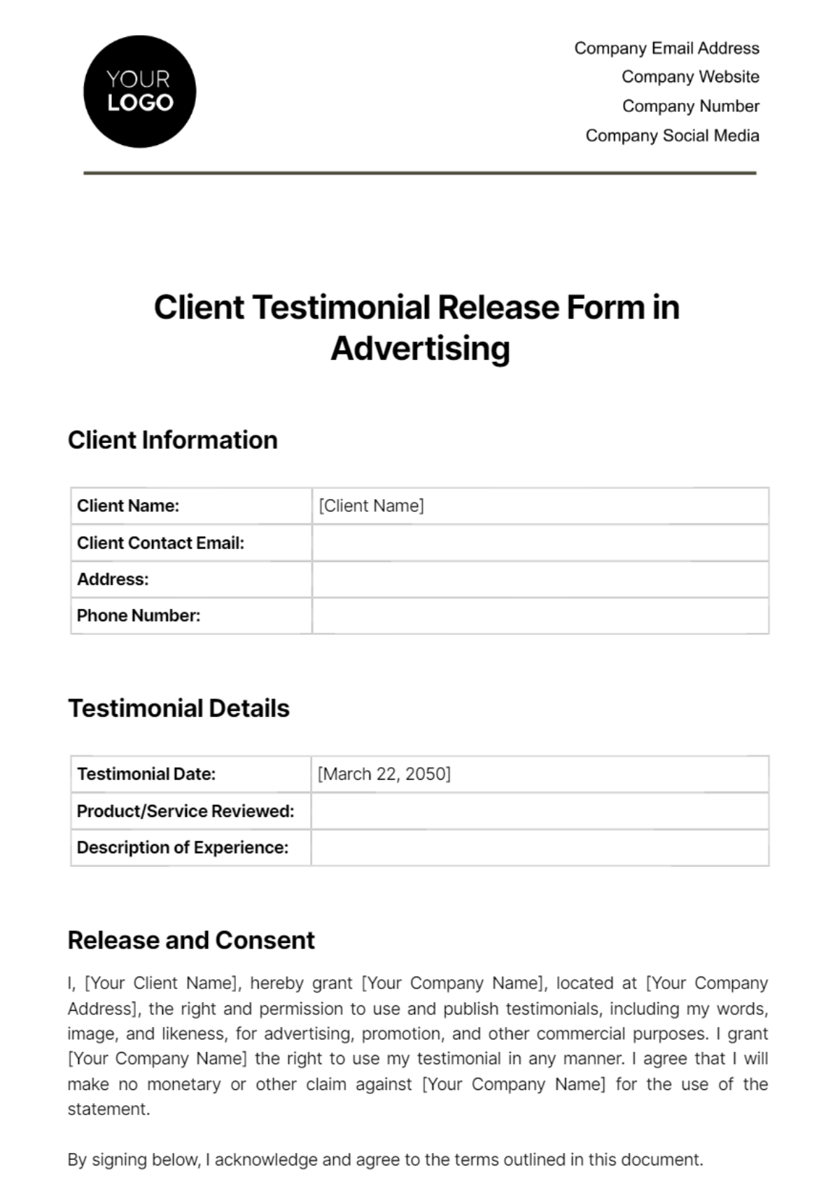 Free Client Testimonial Release Form in Advertising Template