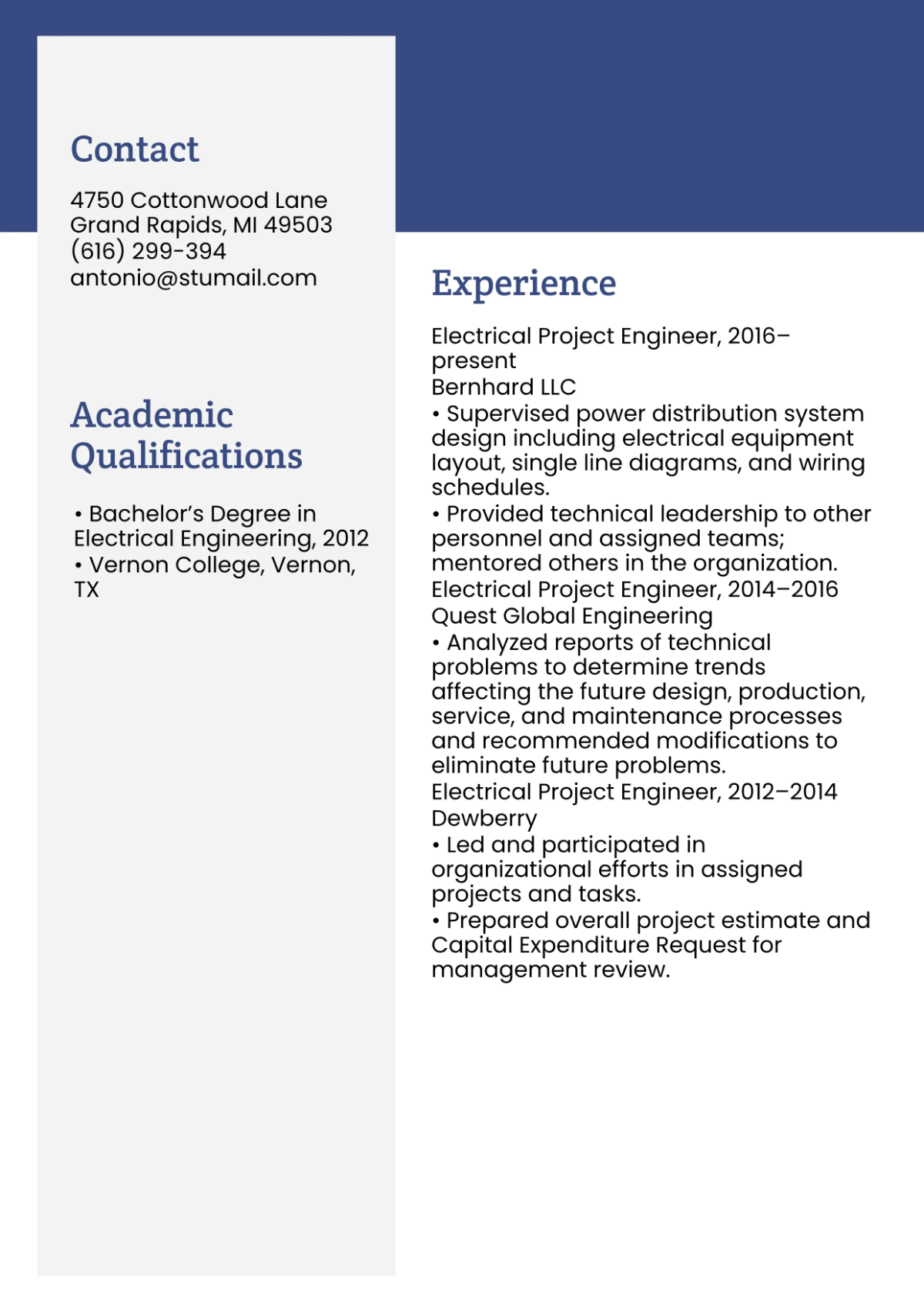 Free Electrical Project Engineer Resume Template to Edit Online
