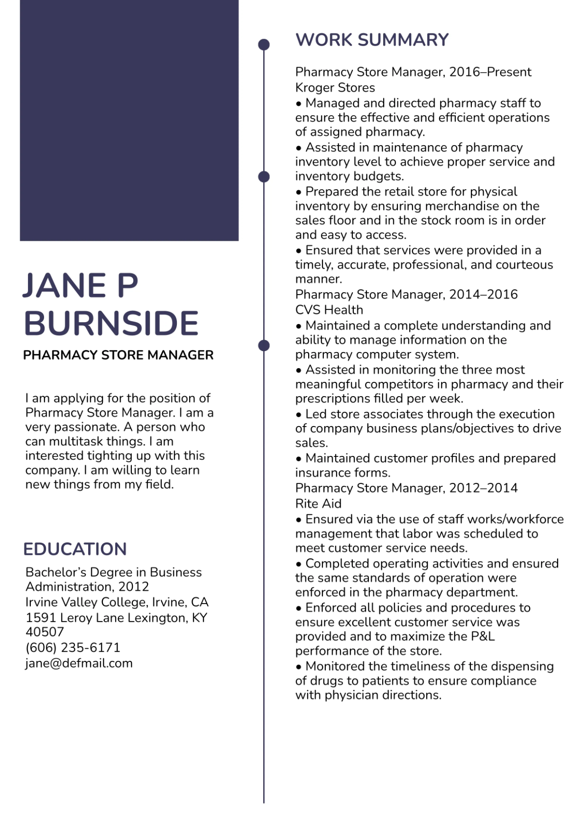Free Pharmacy Store Manager Resume Template to Edit Online