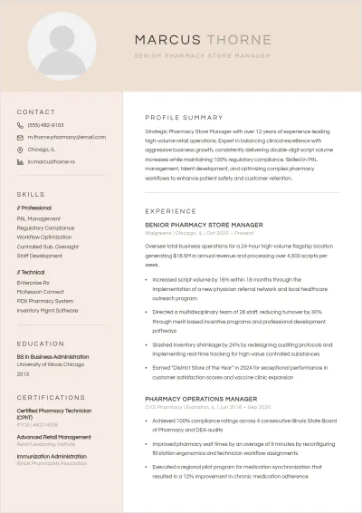 Free Pharmacy Store Manager ATS Resume Template, AI Resume Builder