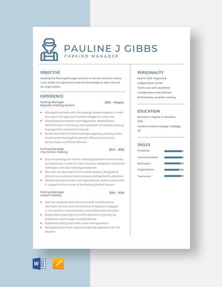 Free Parking Manager Resume Template - Word, Apple Pages | Template.net