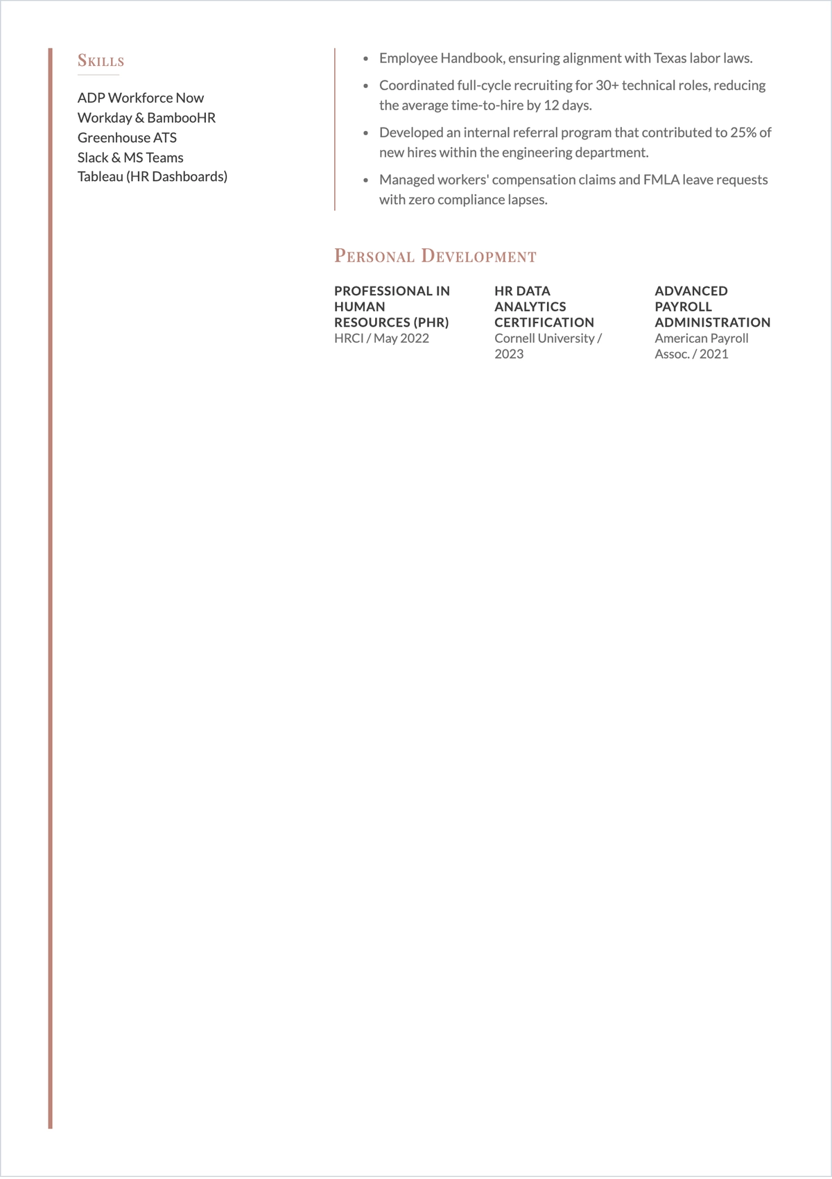 Free Human Resources Generalist ATS Resume Template, AI Resume Builder