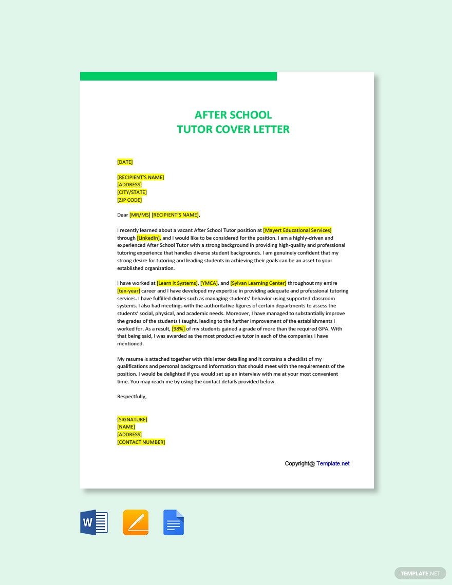 After School Tutor Cover Letter in Word, Google Docs, PDF, Apple Pages