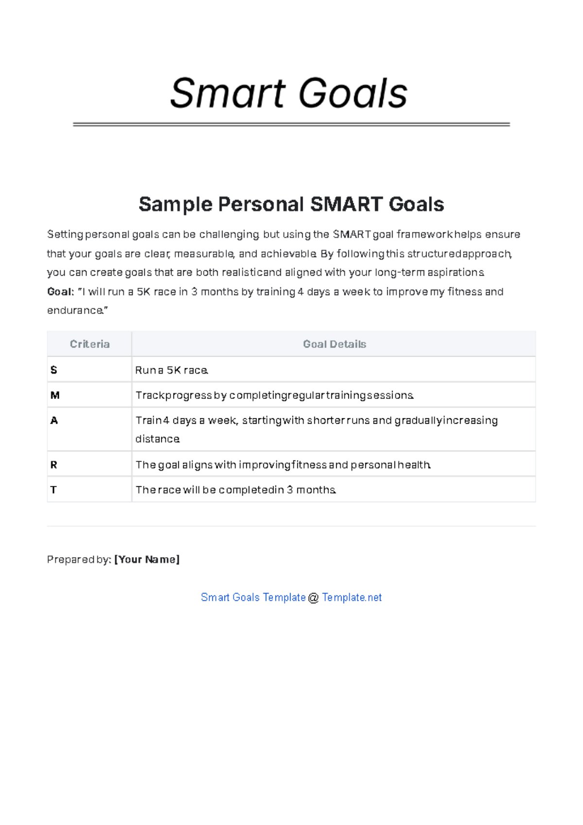 Free Sample Personal SMART Goals Template to Edit Online