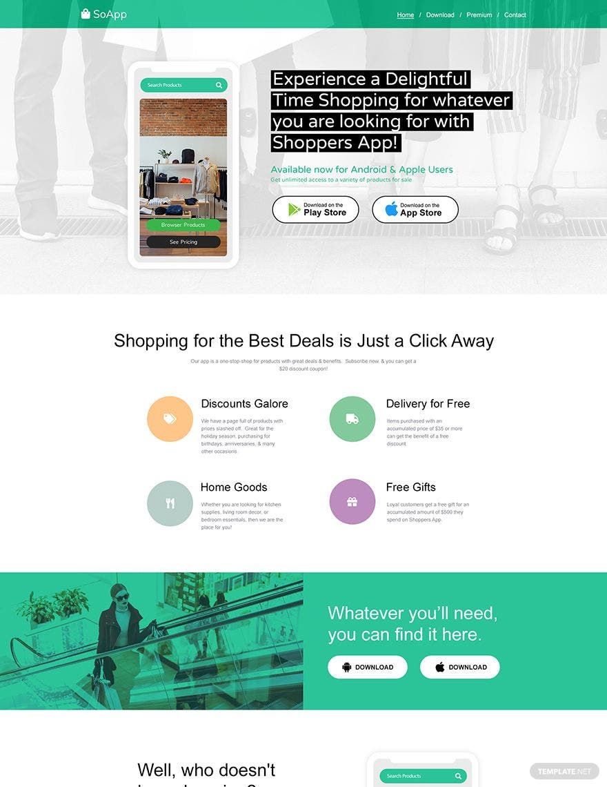 Shopping App Landing Page Template in PSD, HTML5