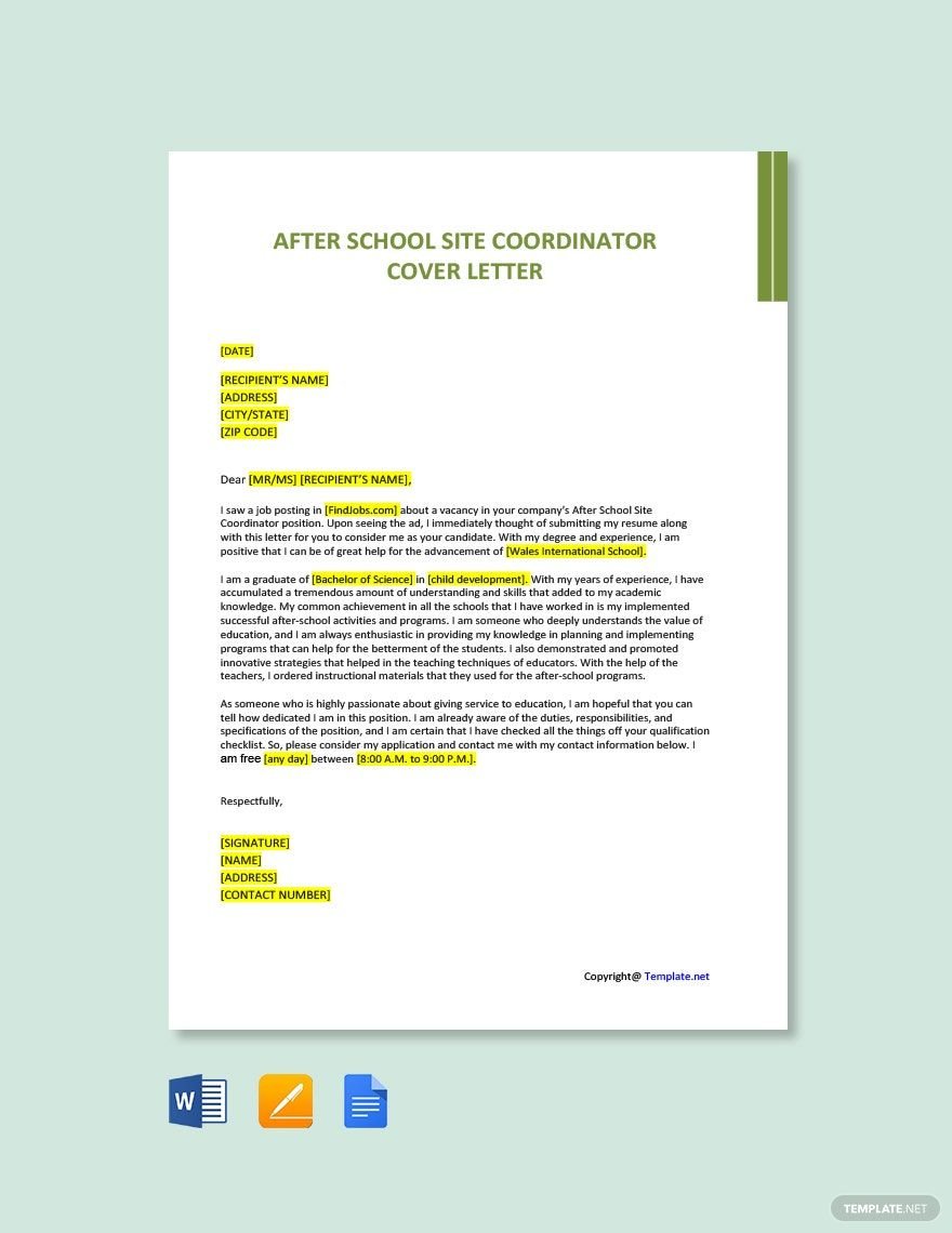 Free After School Site Coordinator Cover Letter Template