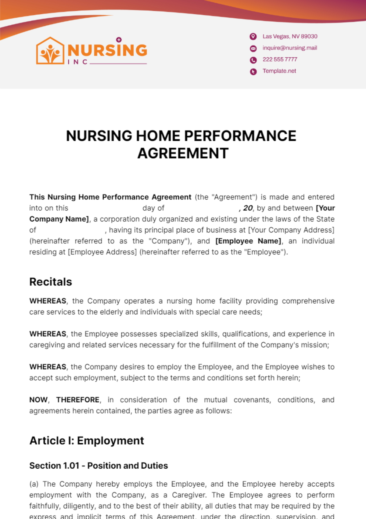 Nursing Home Performance Agreement Template