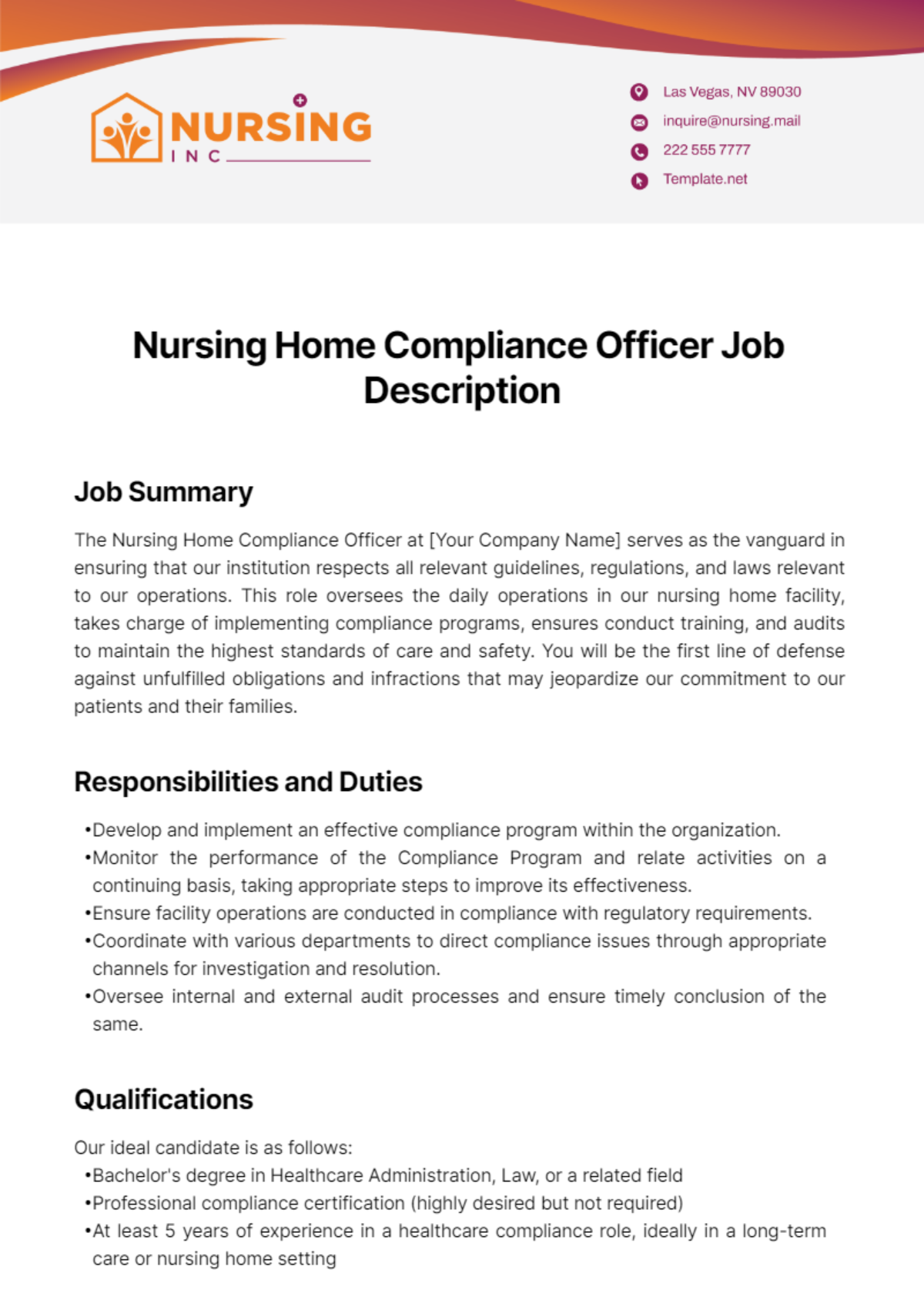 Free Nursing Home Compliance Officer Job Description Template