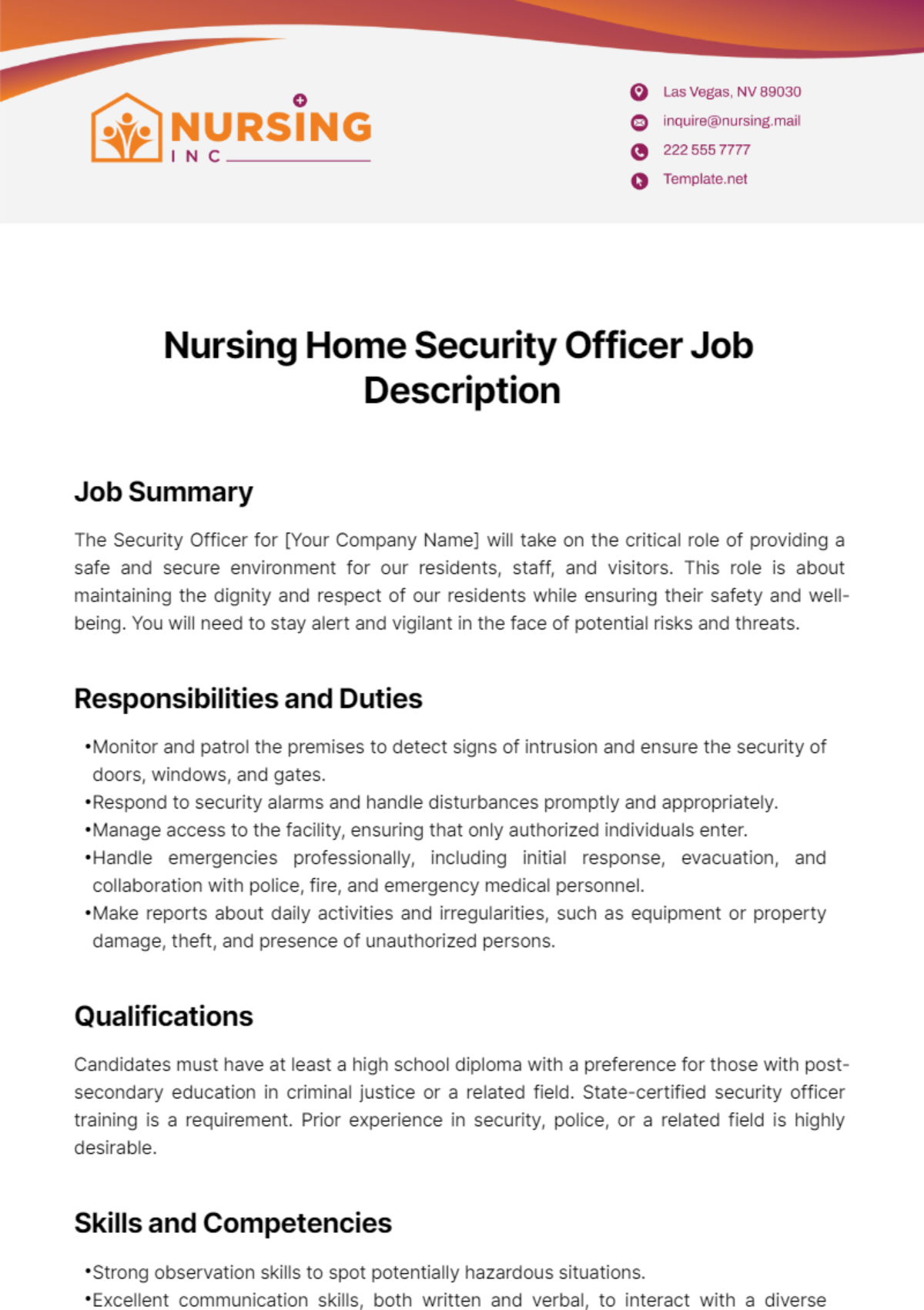 Free Nursing Home Security Officer Job Description Template