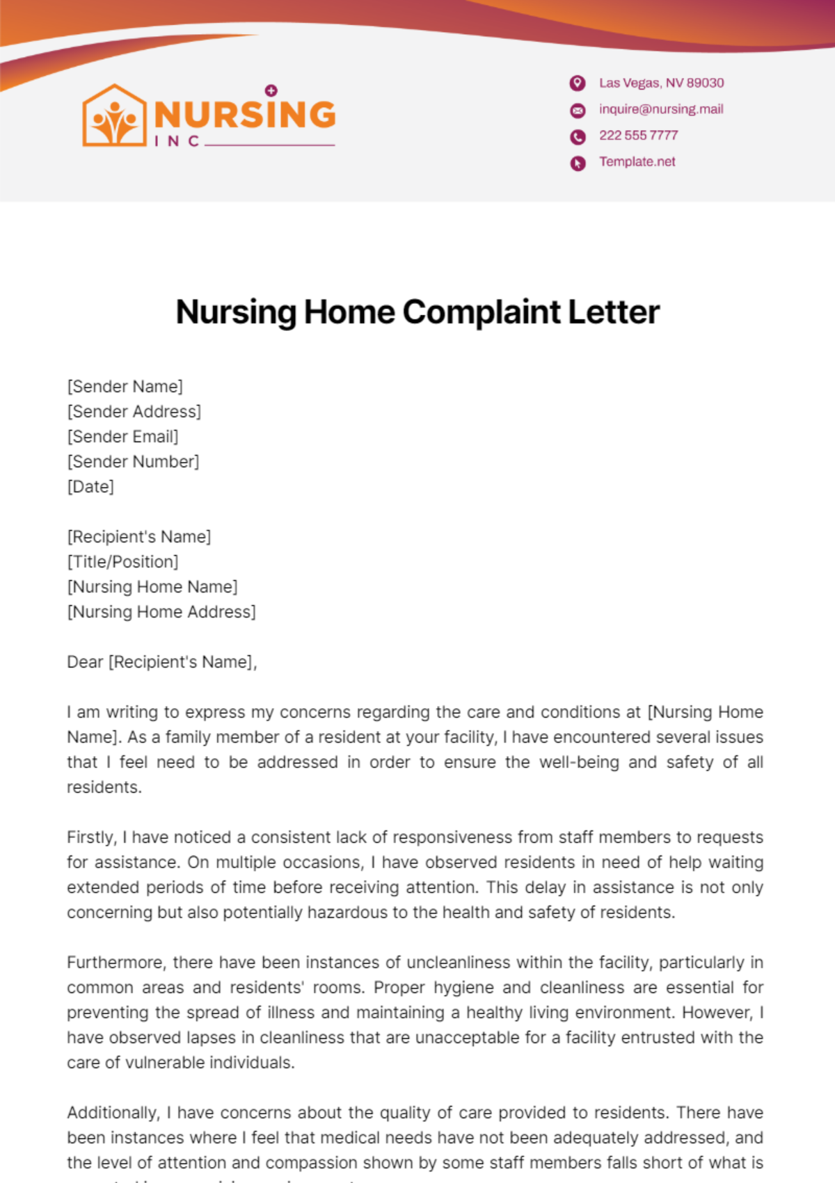 Nursing Home Complaint Letter Template