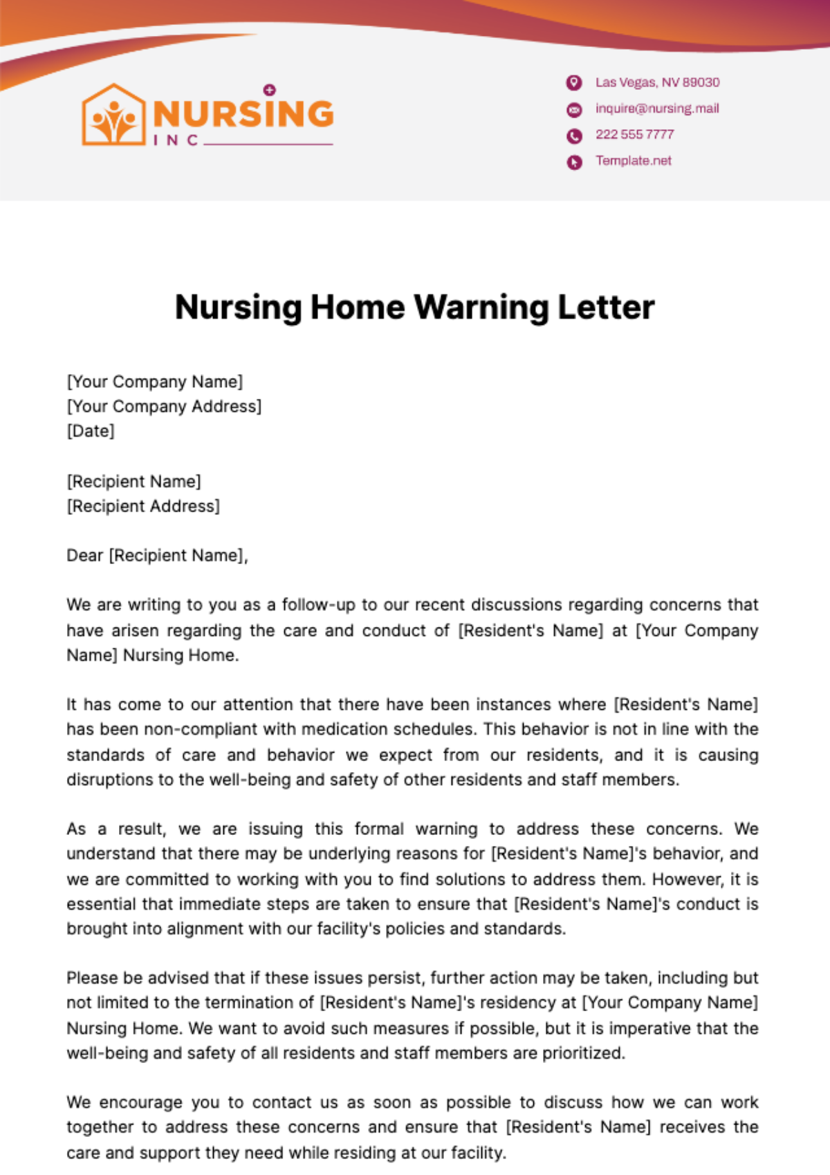 Nursing Home Warning Letter Template