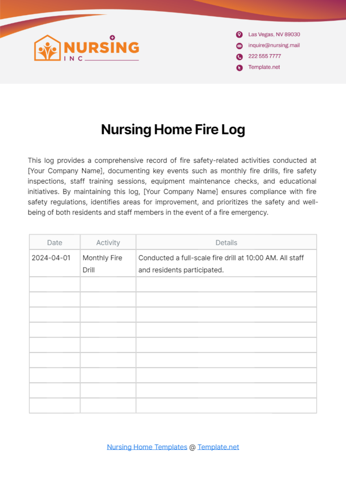 Nursing Home Fire Log Template