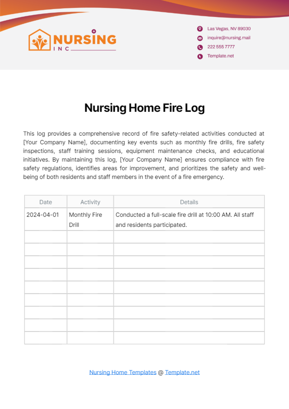 Free Nursing Home Fire Log Template - Edit Online & Download | Template.net