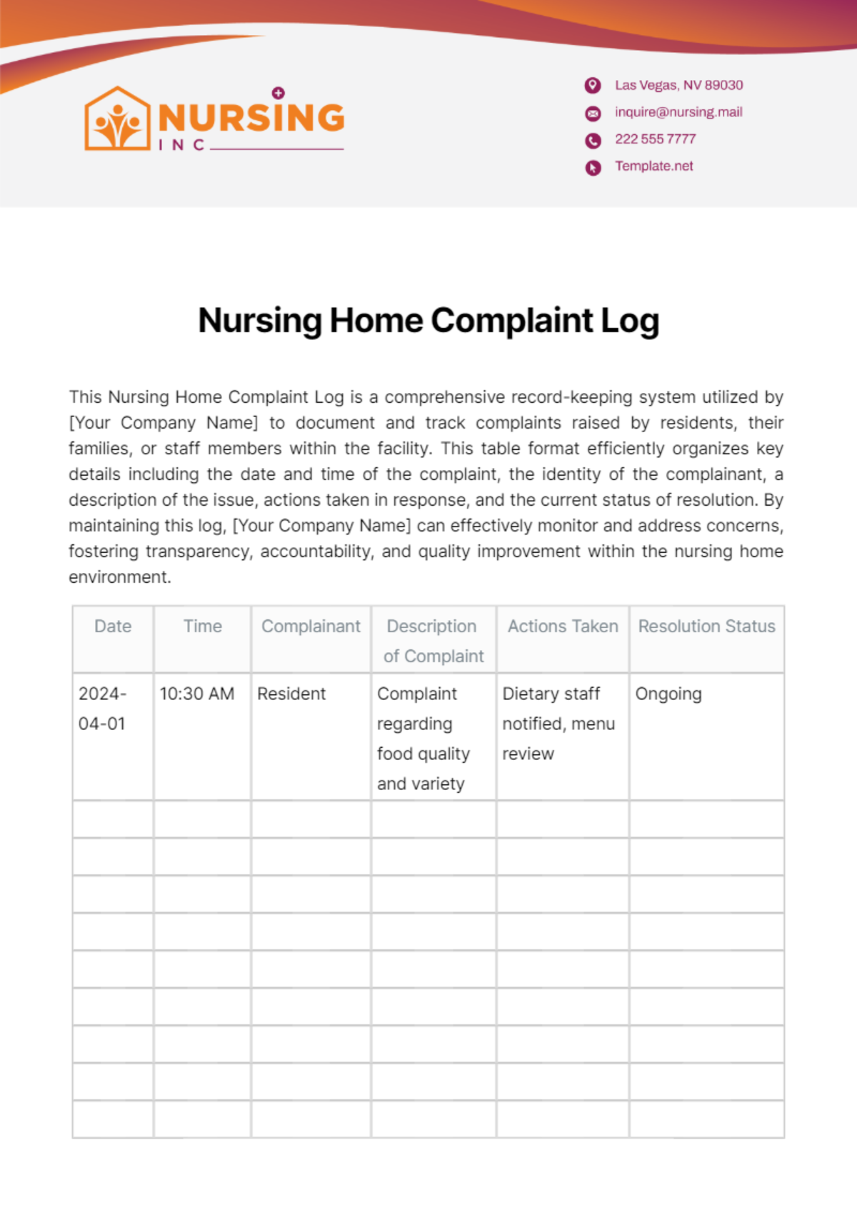 Nursing Home Complaint Log Template