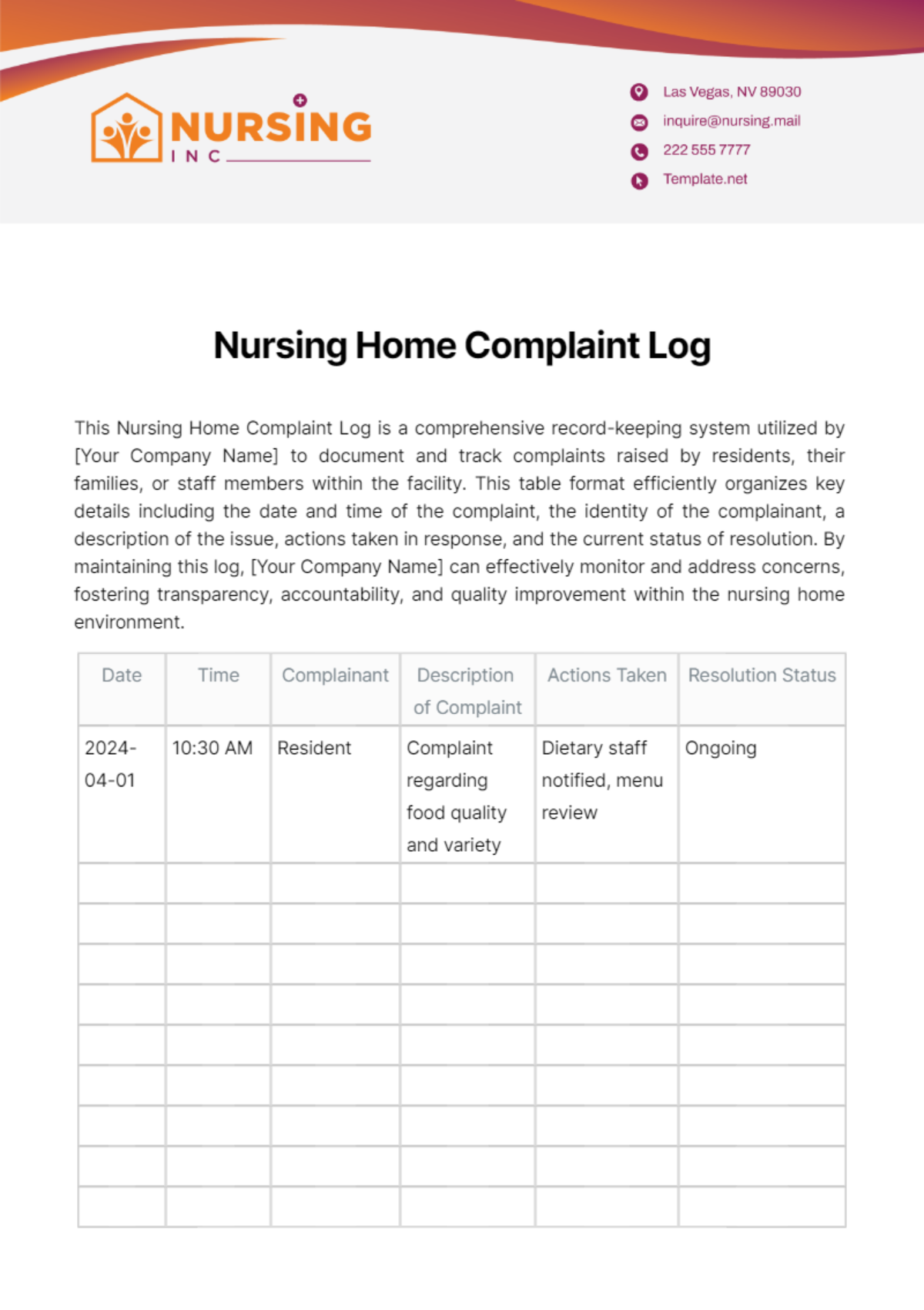 Nursing Home Complaint Log Template - Edit Online & Download