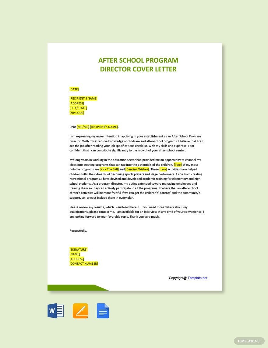 Free After School Program Director Cover Letter Template