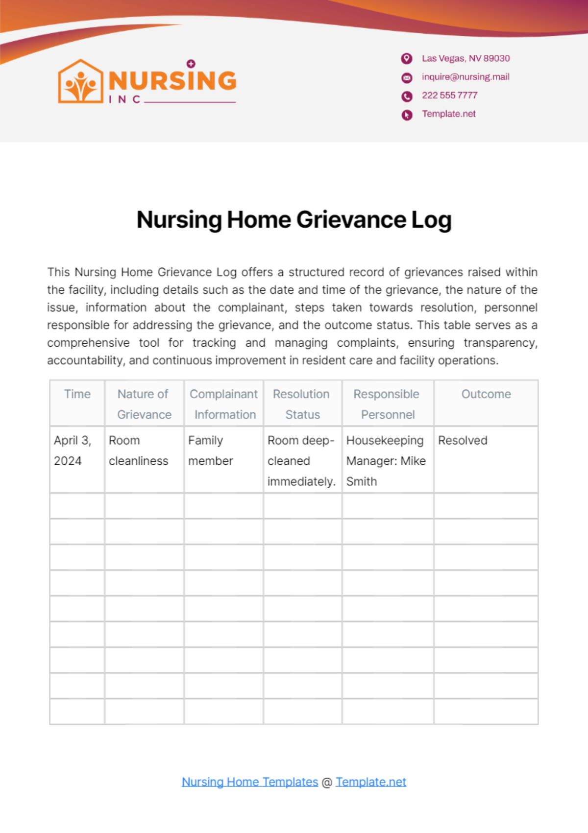 Nursing Home Grievance Log Template
