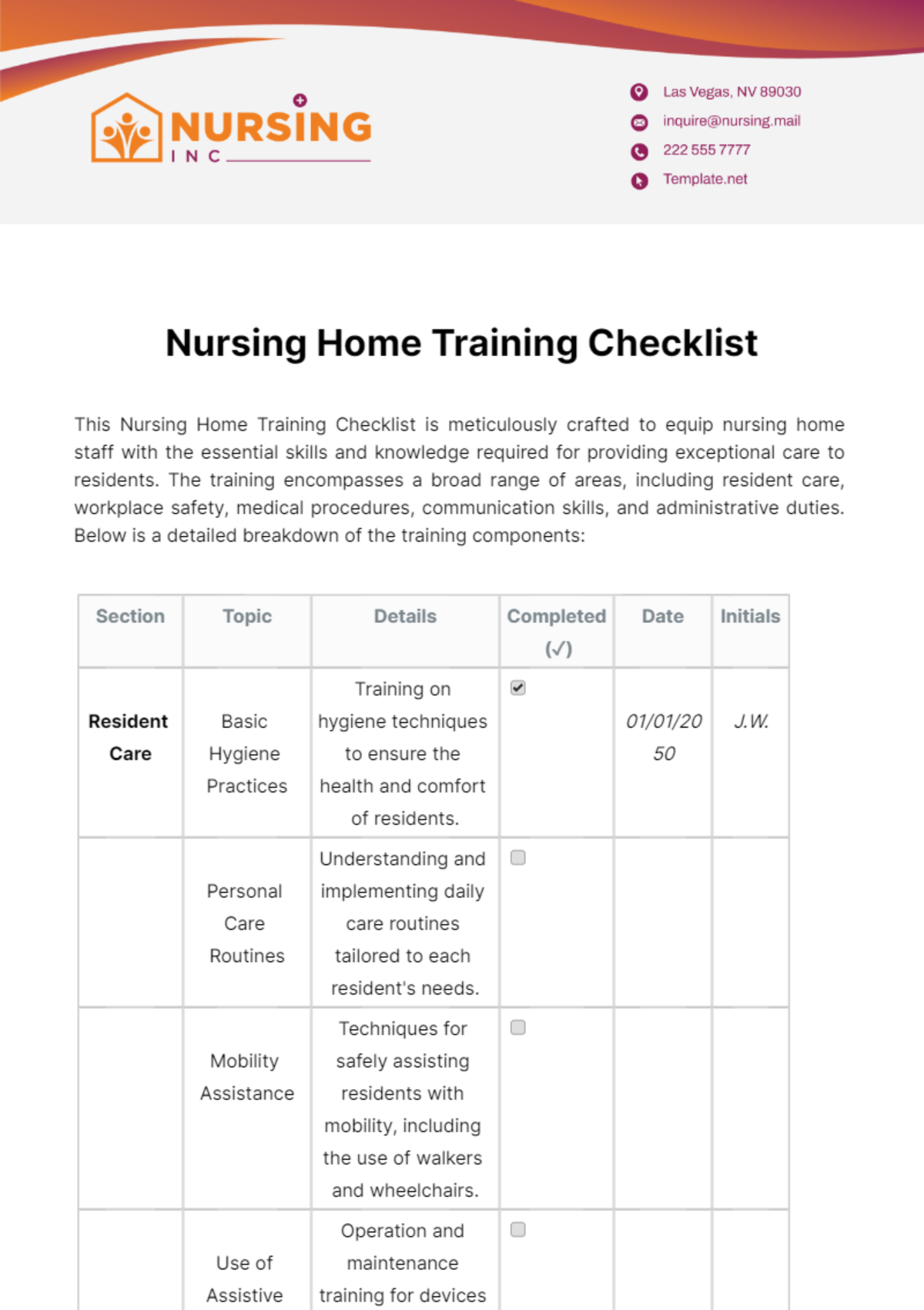 Nursing Home Training Checklist Template
