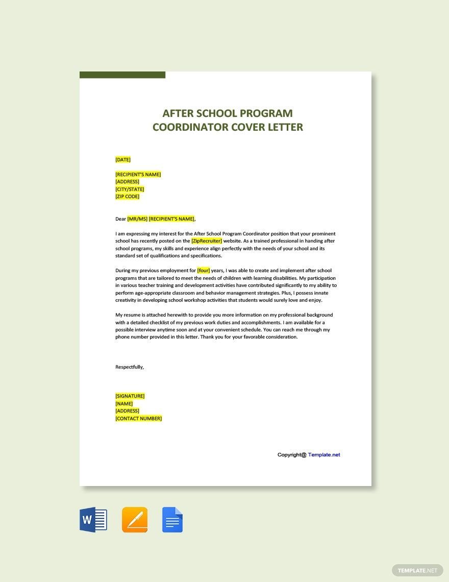 Free After School Program Coordinator Cover Letter Template