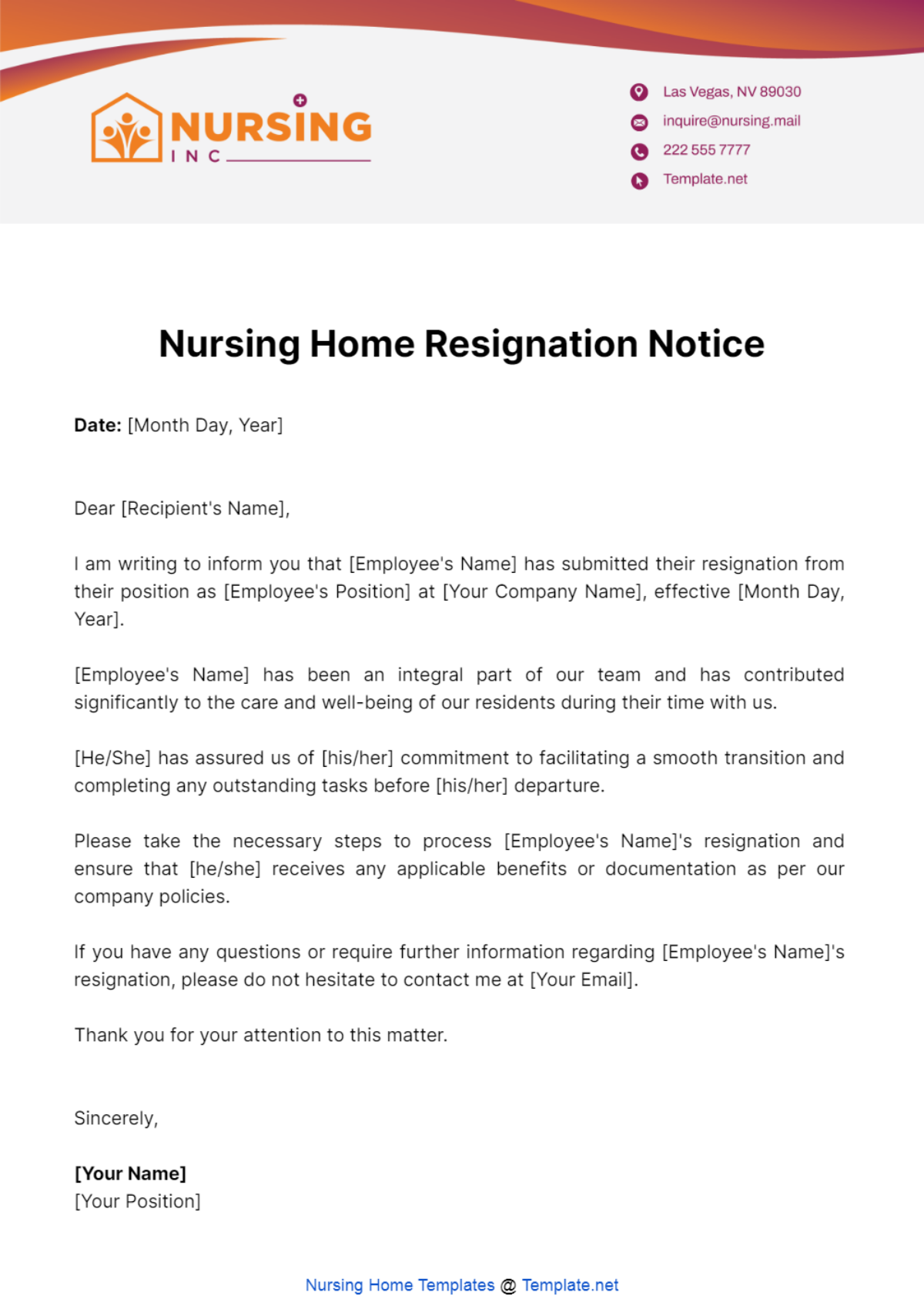 Nursing Home Resignation Notice Template