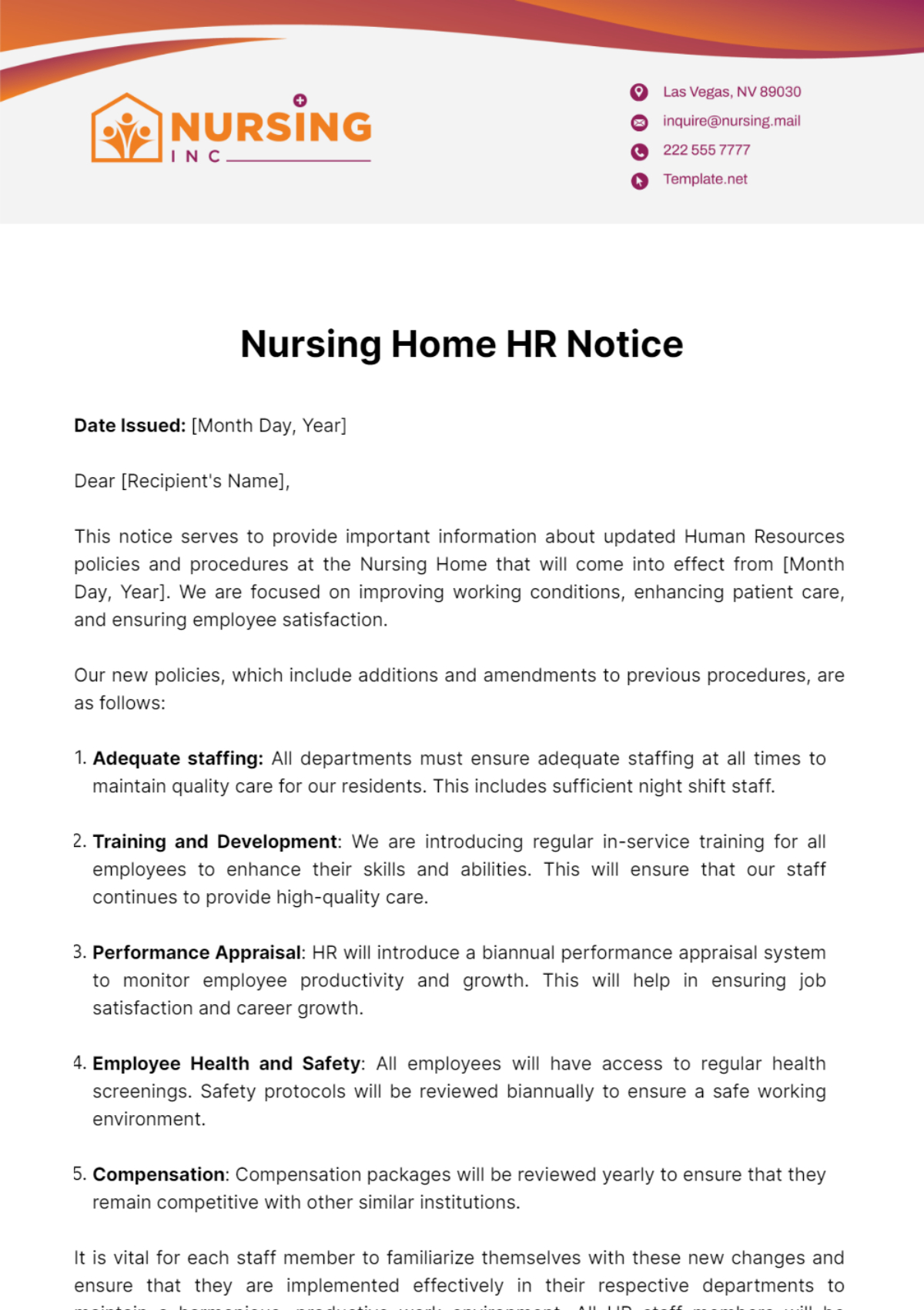 Nursing Home HR Notice Template