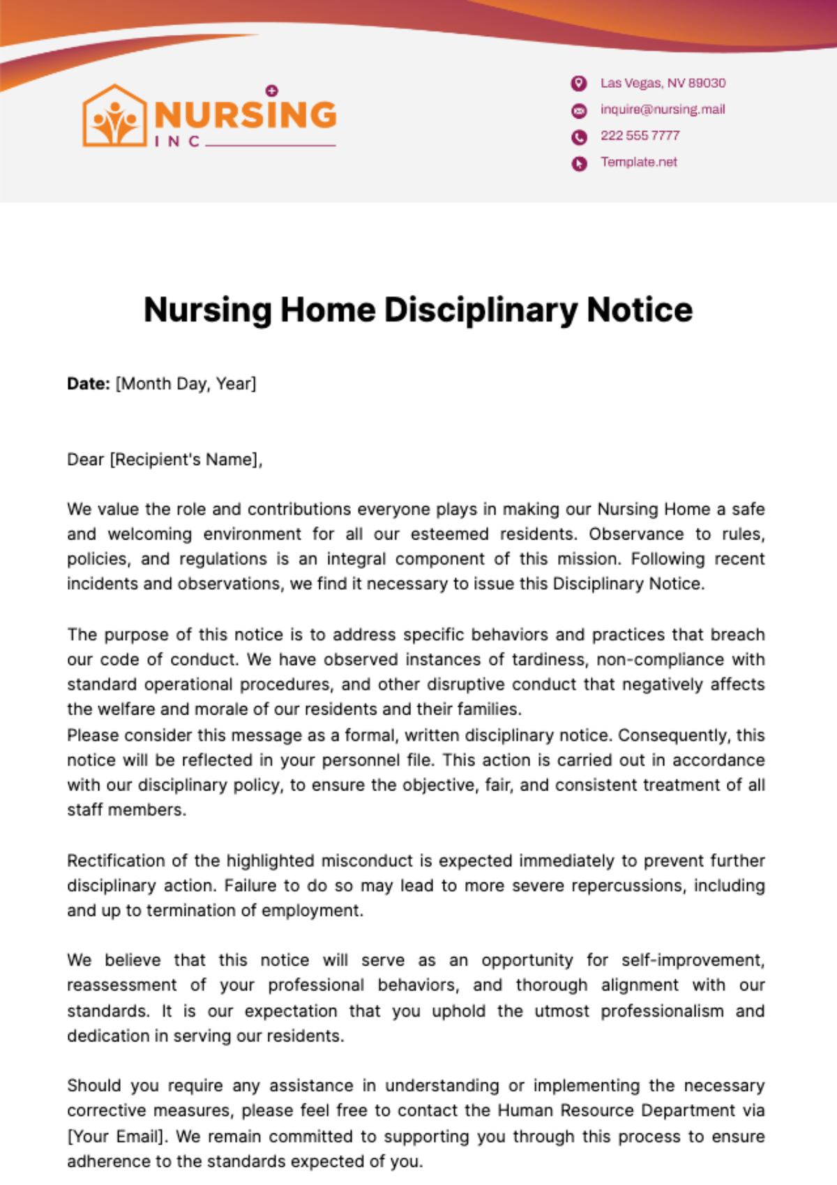 Nursing Home Disciplinary Notice Template