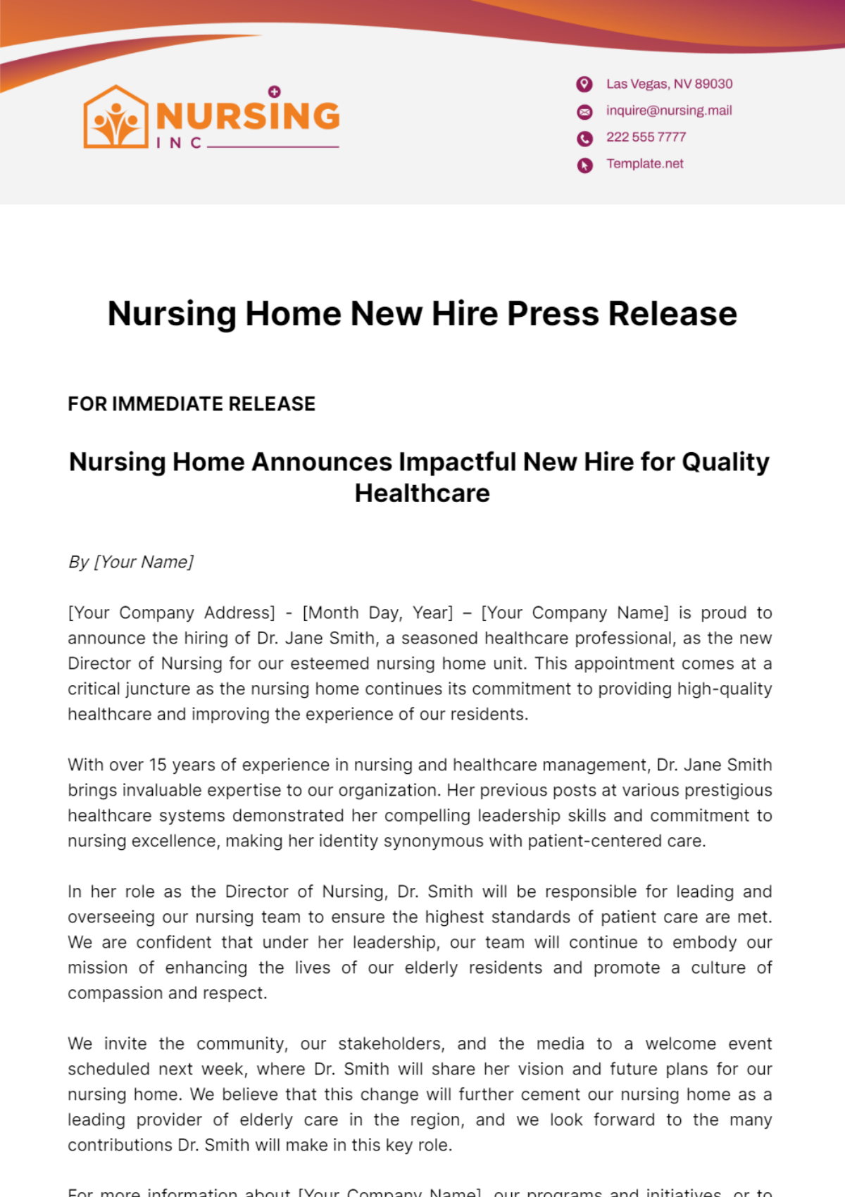 Nursing Home New Hire Press Release Template