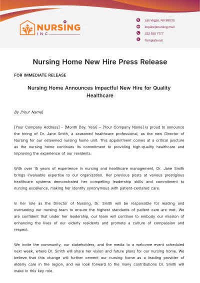 Free Nursing Home New Hire Press Release Template to Edit Online