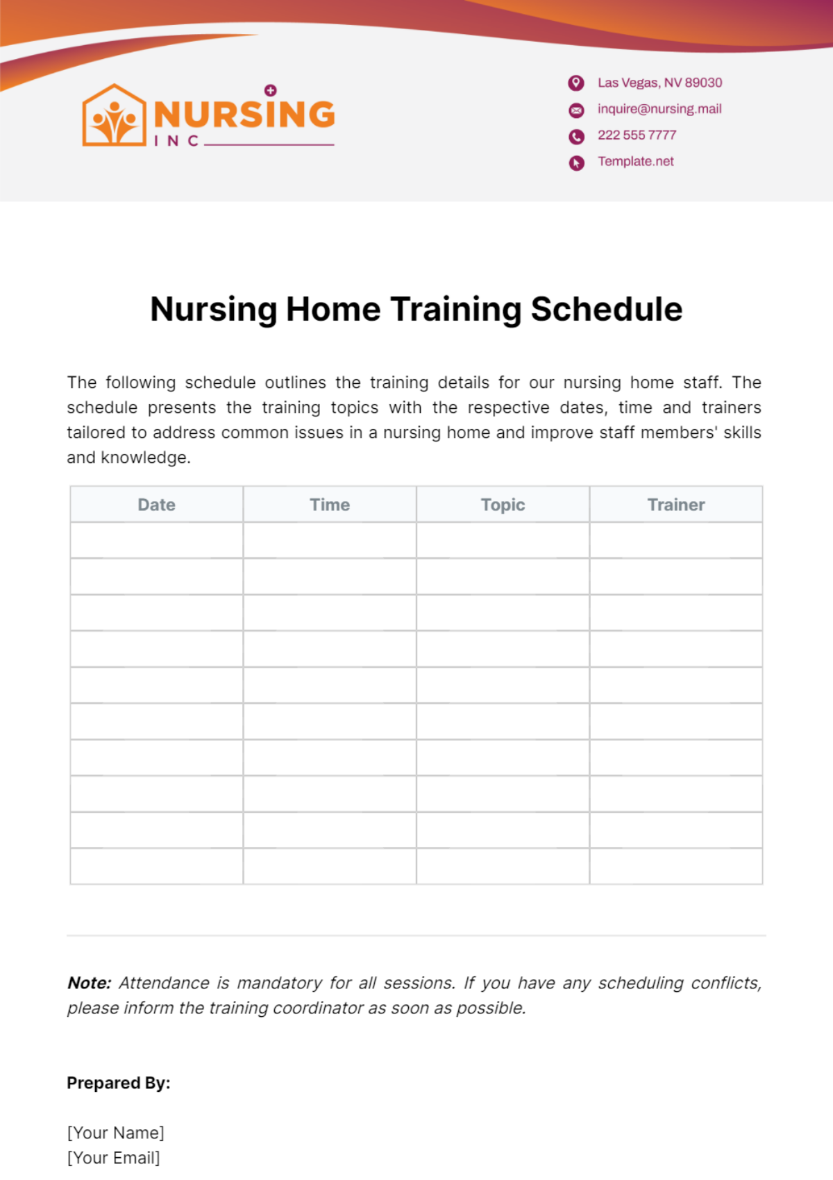 Nursing Home Training Schedule Template