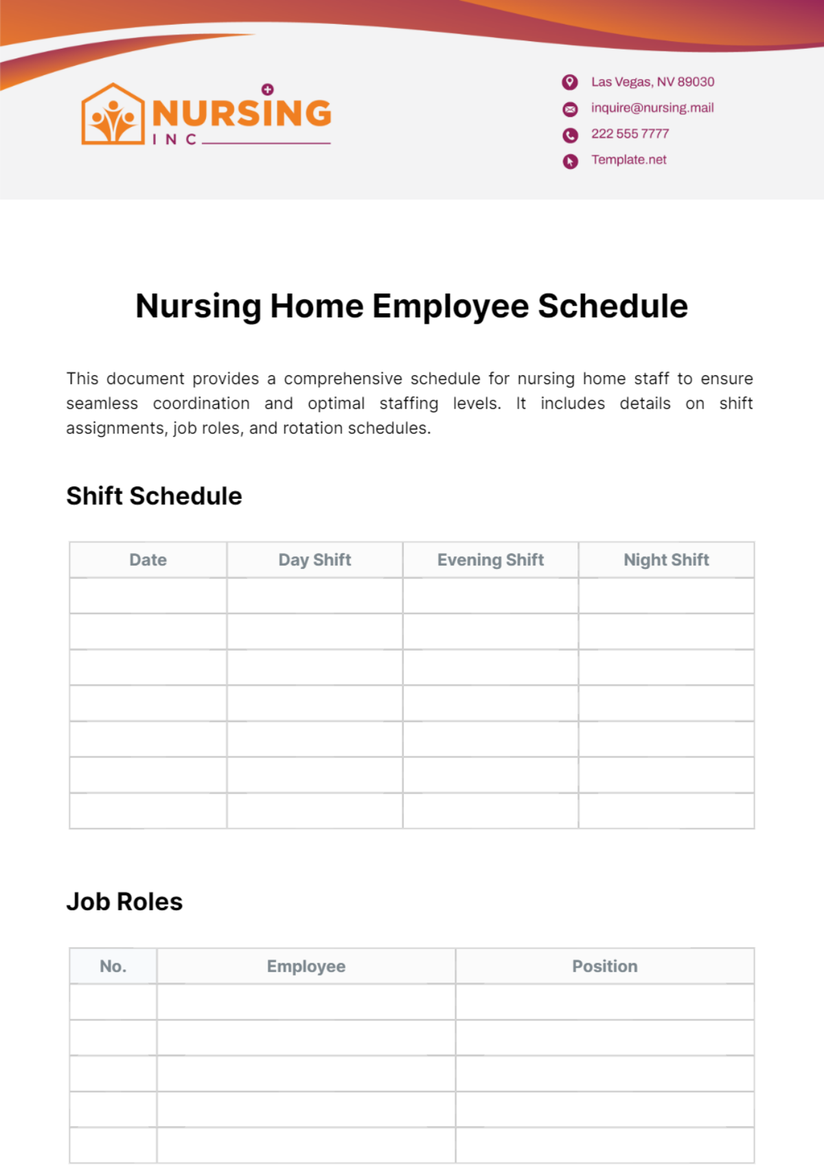 Nursing Home Employee Schedule Template