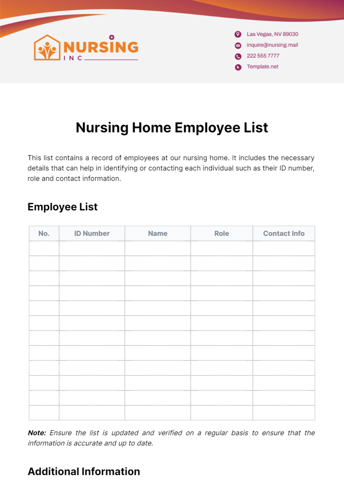 Nursing Home Employee List Template