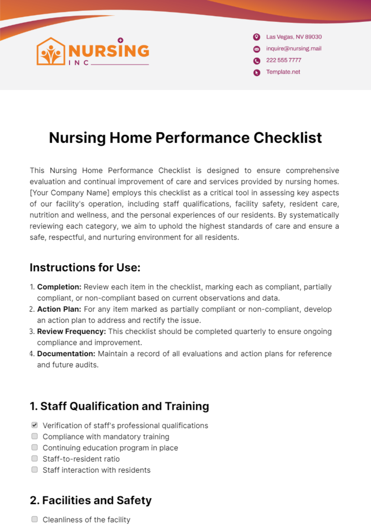 Nursing Home Performance Checklist Template