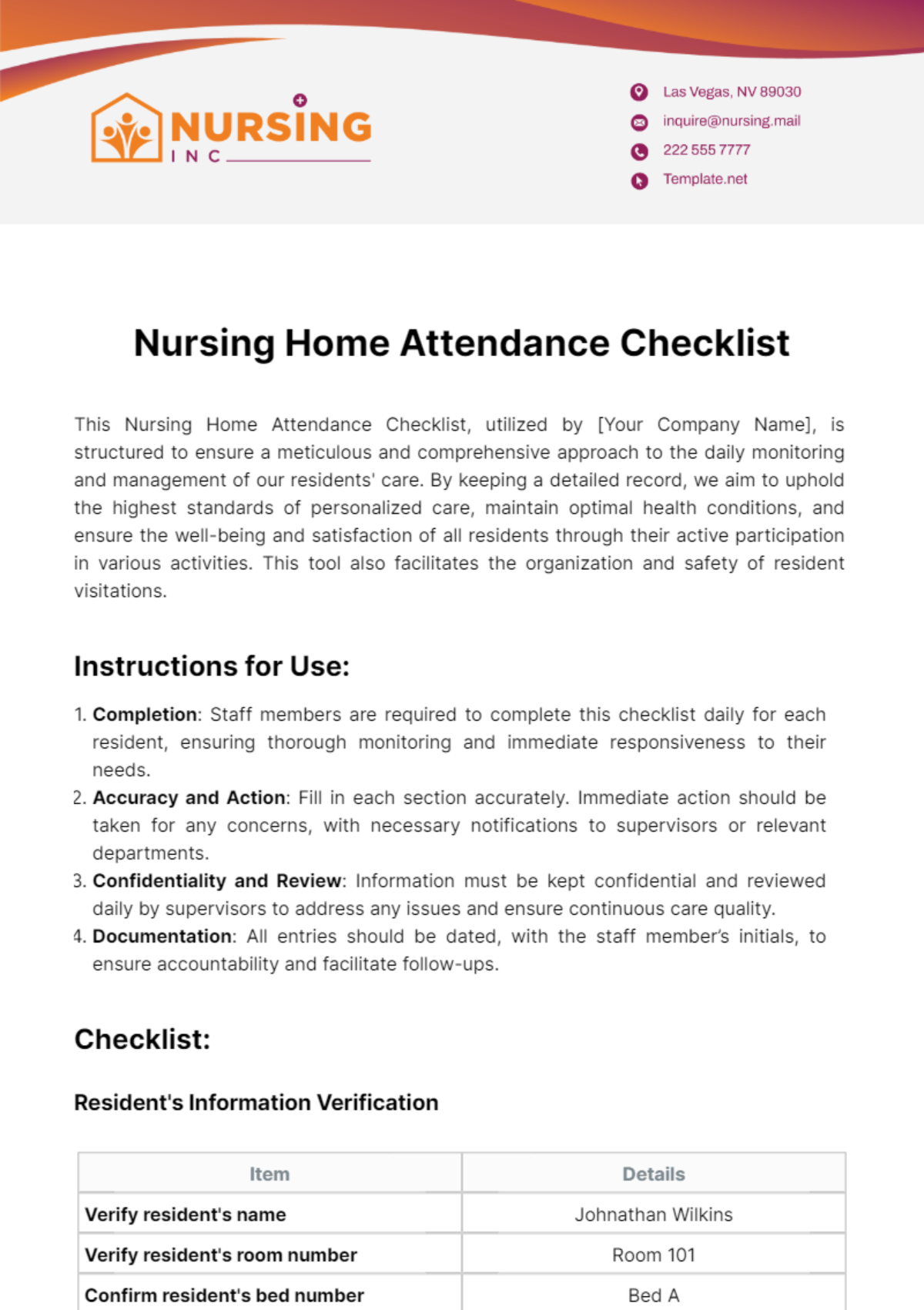 Nursing Home Attendance Checklist Template
