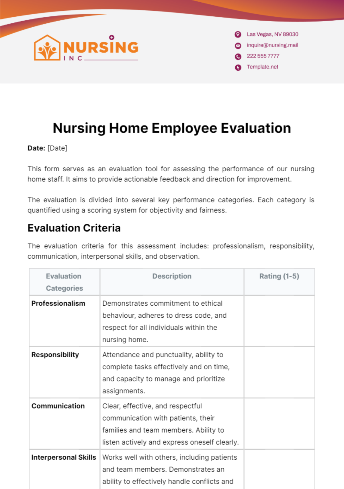 Nursing Home Employee Evaluation Template