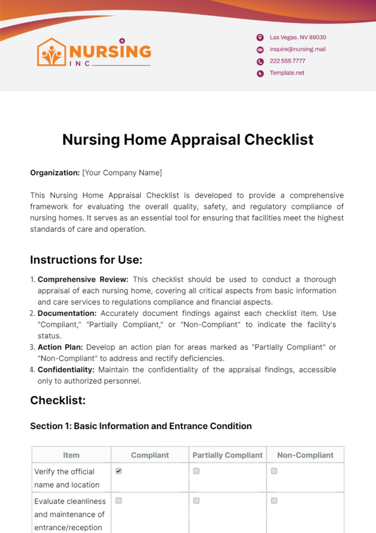 Nursing Home Appraisal Checklist Template
