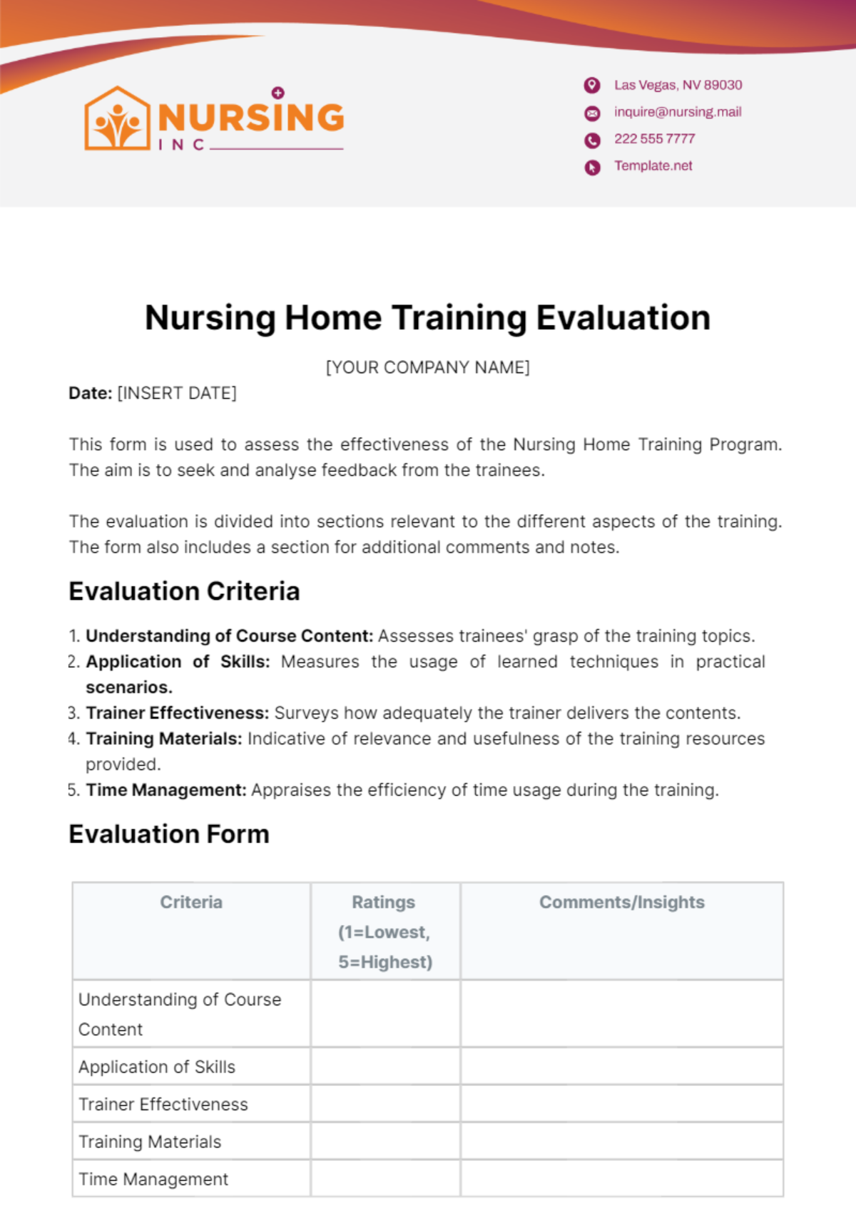 Nursing Home Training Evaluation Template