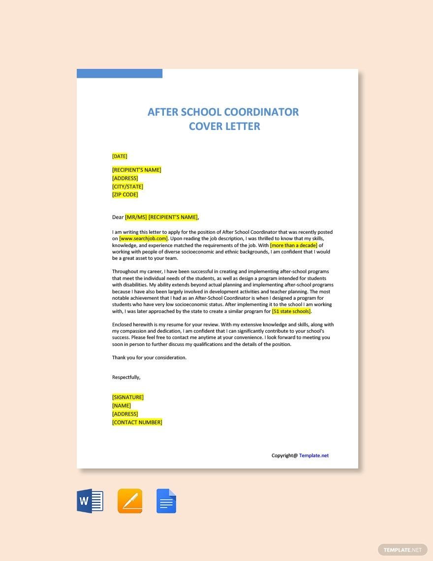 Free After School Coordinator Cover Letter Template