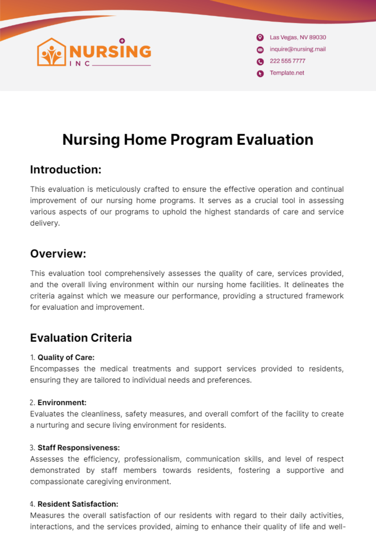 Nursing Home Program Evaluation Template