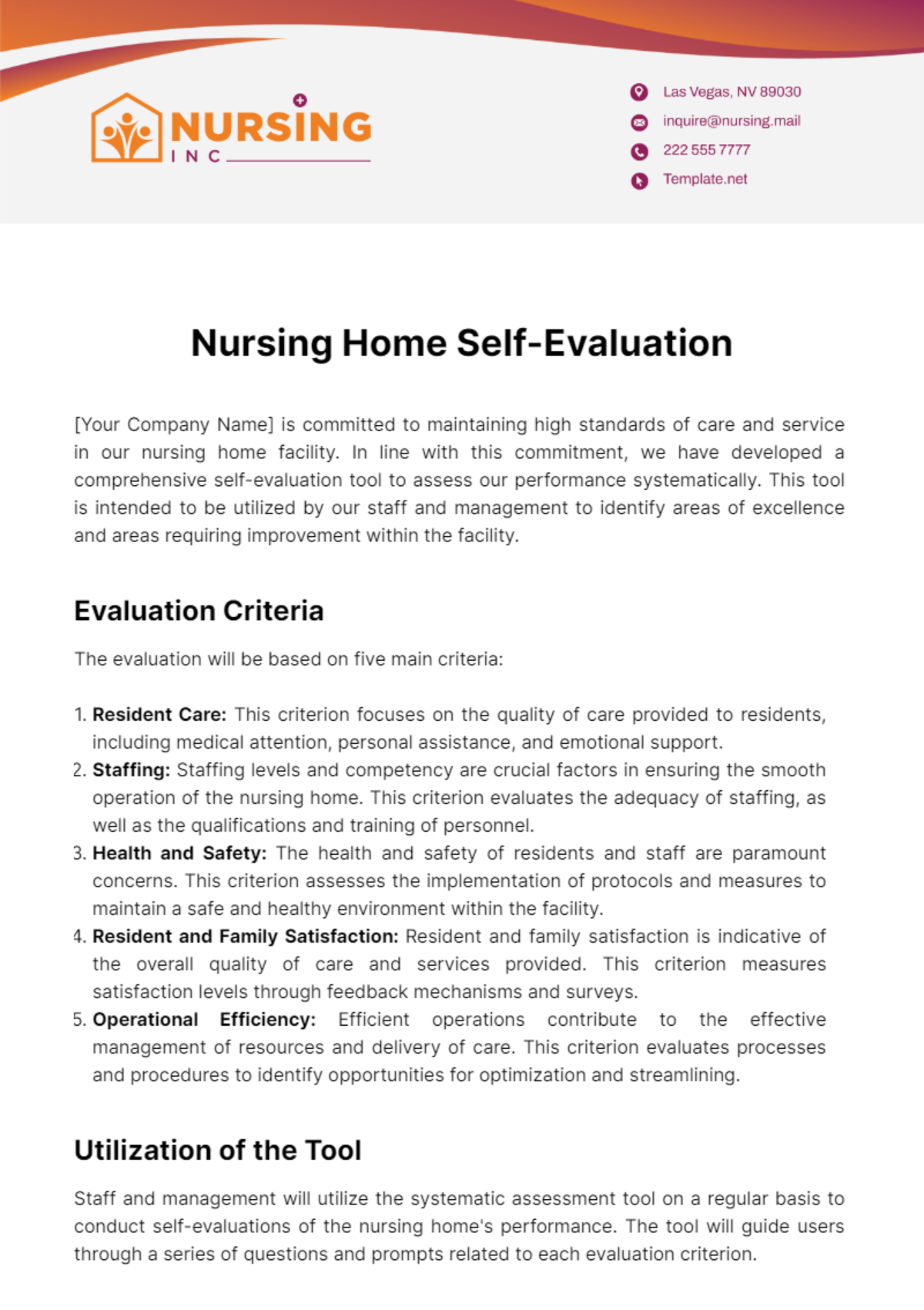 Nursing Home Self-Evaluation Template