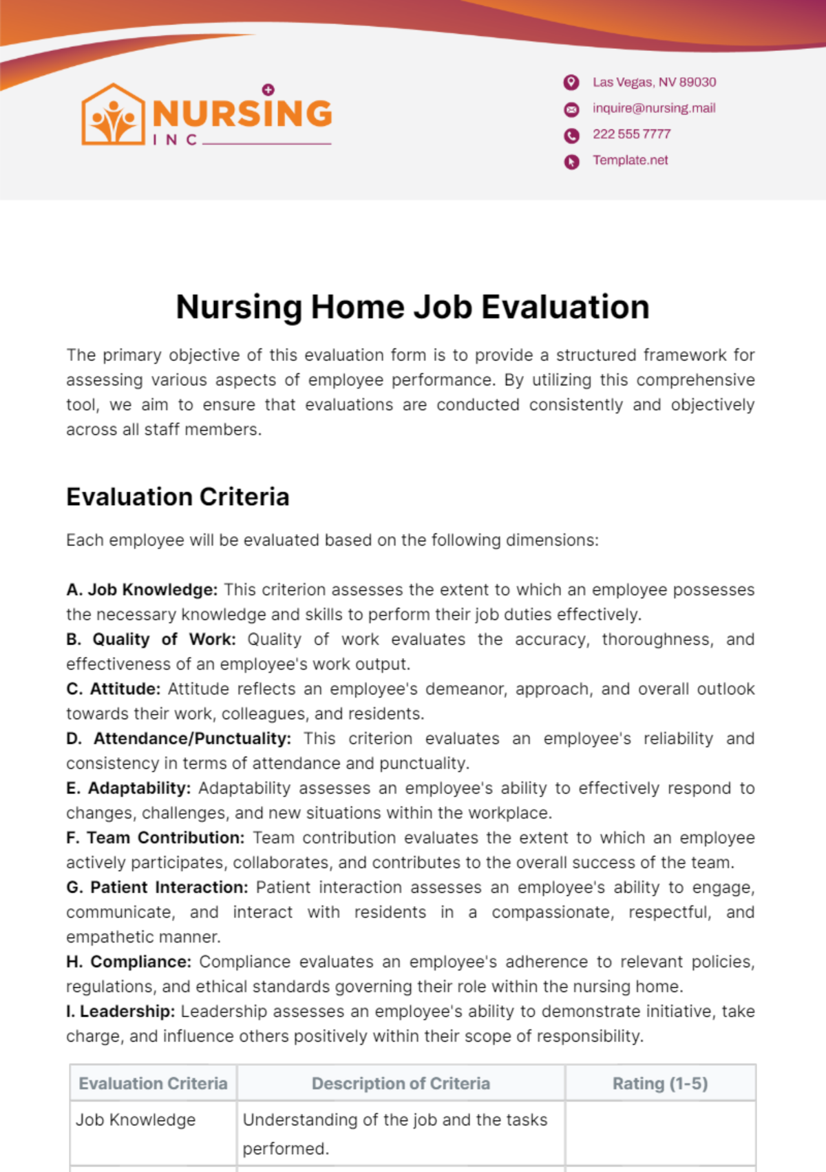 Nursing Home Job Evaluation Template