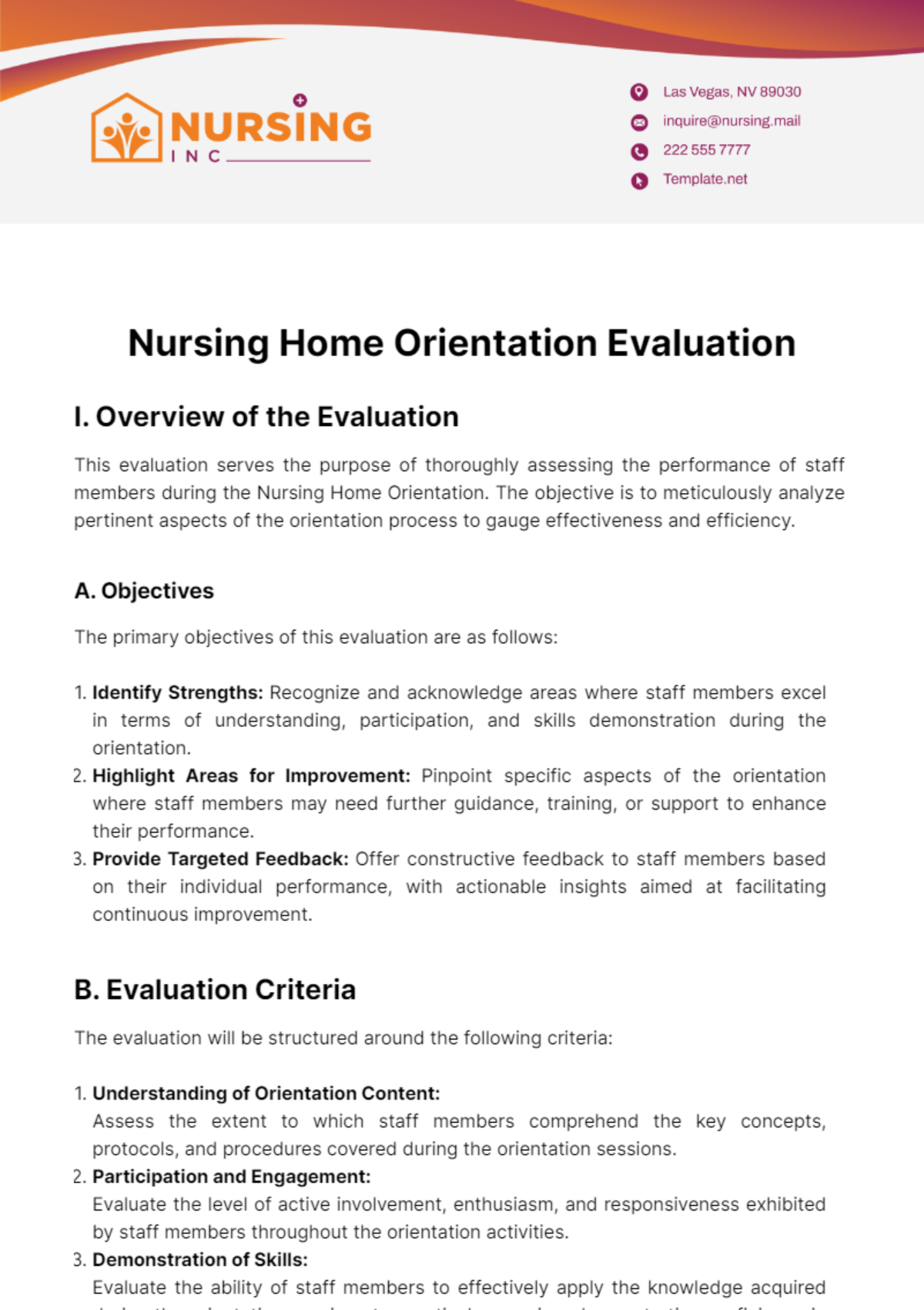 Nursing Home Orientation Evaluation Template