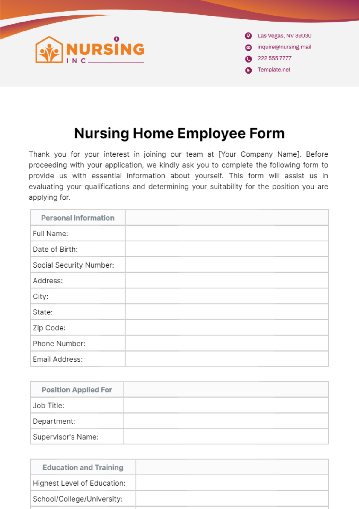 Nursing Home Employee Form Template