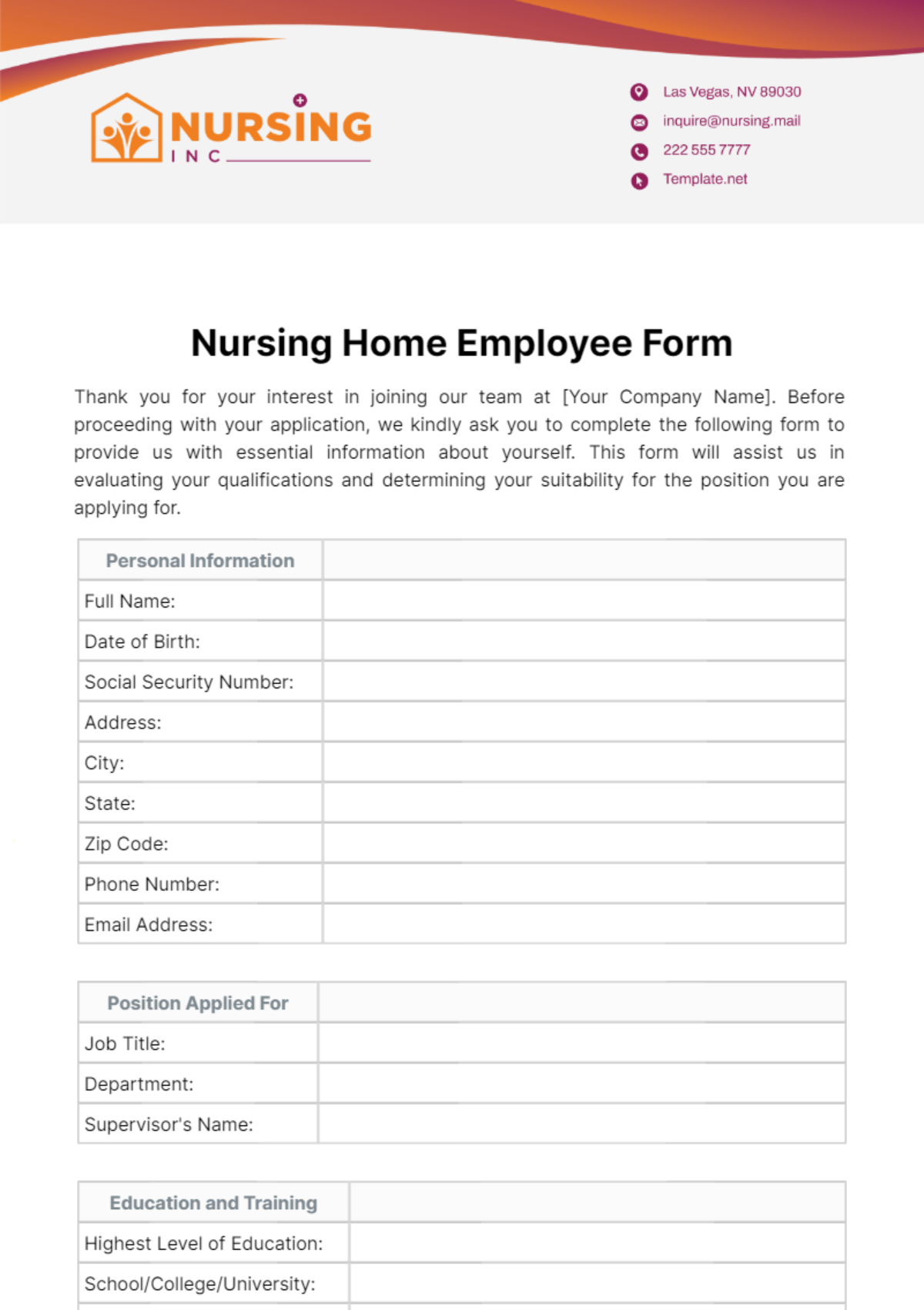 Nursing Home Employee Form Template - Edit Online & Download