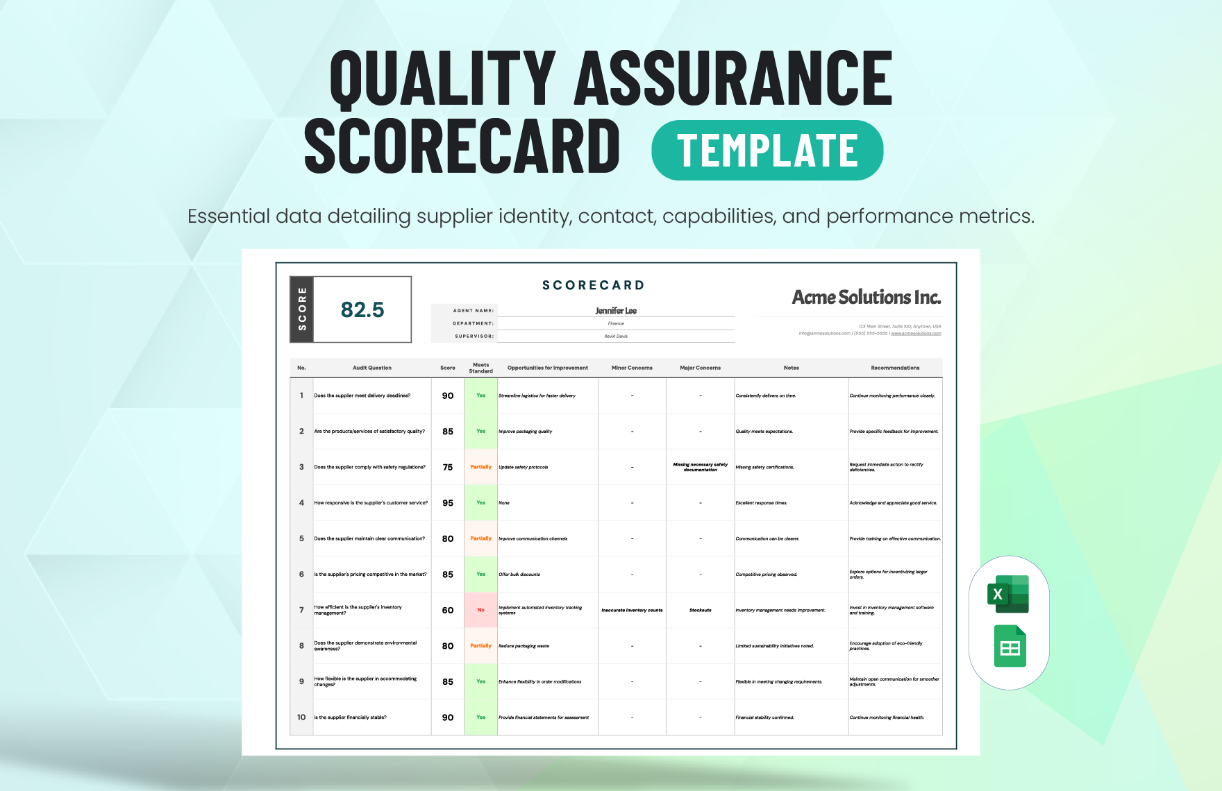 Quality Assurance Scorecard Template in Excel, Google Sheets