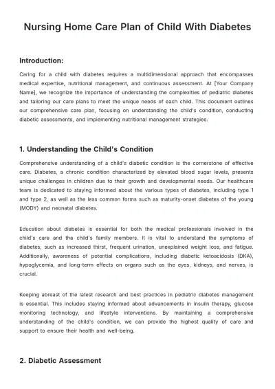 Free Nursing Home Care Plan of Child With Diabetes Template to Edit Online